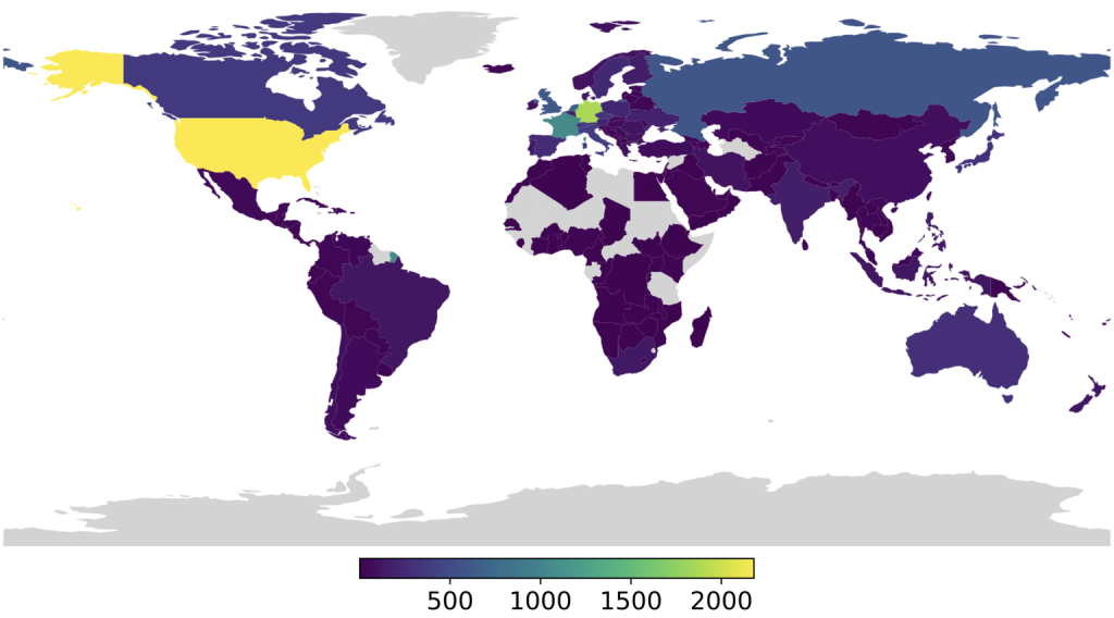 Figure 4 — Number of connected RIPE Atlas probes and anchors per economy on 1 November 2025.