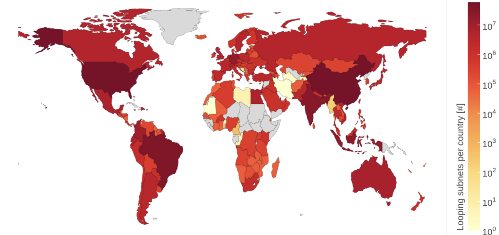 Figure 3 — This world-map shows the geographic distribution of looping IPv6 subnets per economy.