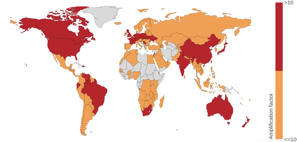 Figure 4 — This world-map shows economies not affected by the amplification bug (grey), as well as economies that show amplification factors <=10 (orange) or >10 (red).