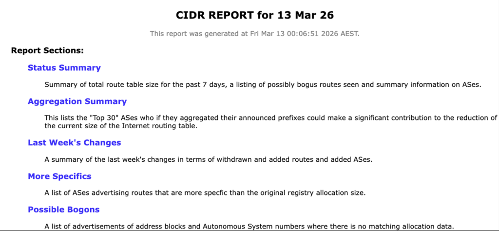 Figure 5 — CIDR Report header.