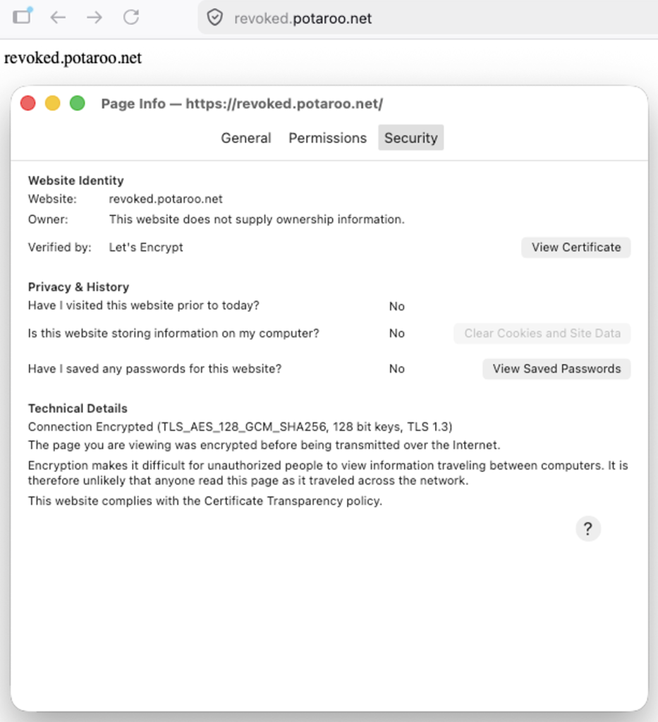 Figure 3 — Firefox does not know the certificate has been revoked. 