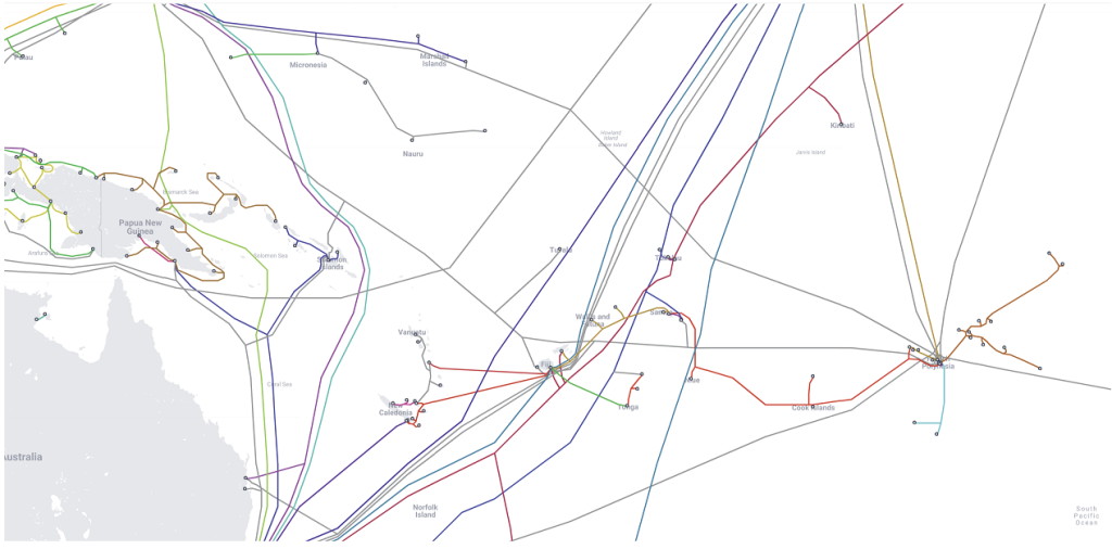 Figure 1 — The Pacific’s submarine cable infrastructure. Source: TeleGeography’s Submarine Cable Map.