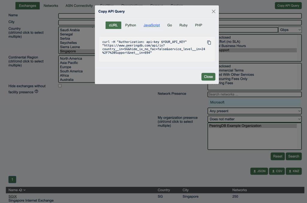 Figure 3 — Advanced search 'copy API query' feature.