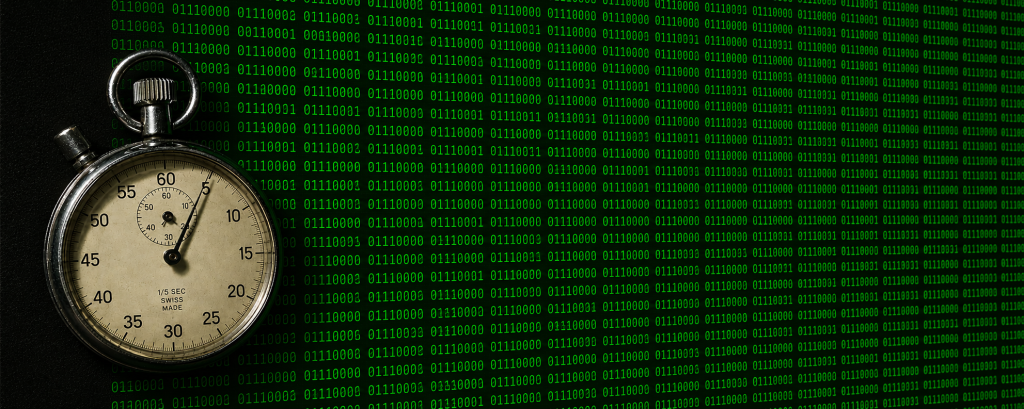 GPT generated image of a stopwatch over a field of terminal text showing binary data