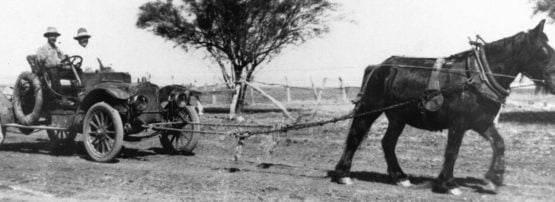 Draughthorse towing a Talbot motor car, ca. 1908
