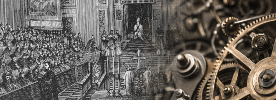 "Engraving of the first Vatican Council" 1873 by Karl Benzinger, with additions by the author.