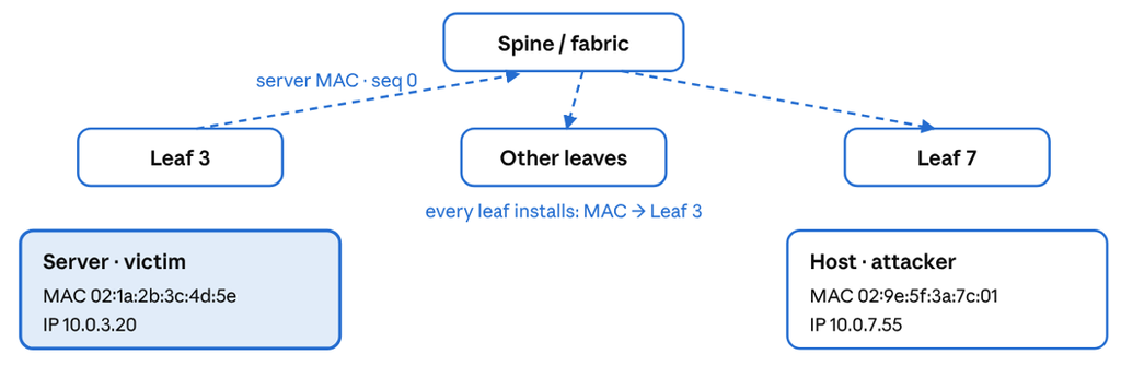 Figure 1 — Normal EVPN MAC advertisement. Leaf 3 learns the server's MAC address locally and advertises it as a Type-2 route with MAC mobility sequence number 0. The EVPN control plane distributes the advertisement throughout the fabric, and all other leaf switches install a forwarding entry that directs traffic for the server's MAC address towards Leaf 3.